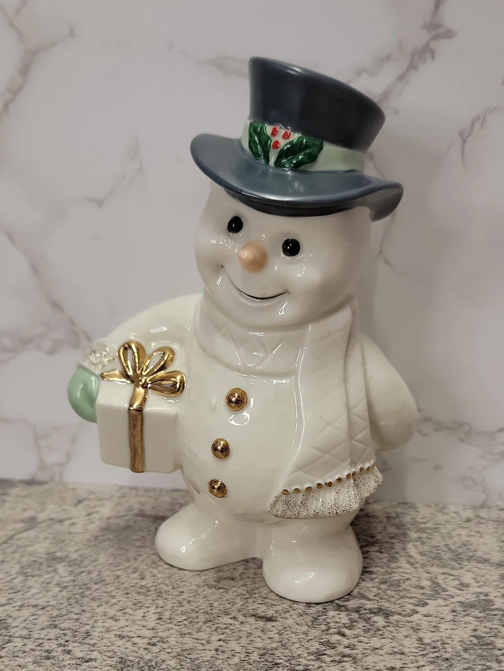 Lenox Frosty Snowman Figurine With Blue / Gray Hat Gold Trim Holding Present